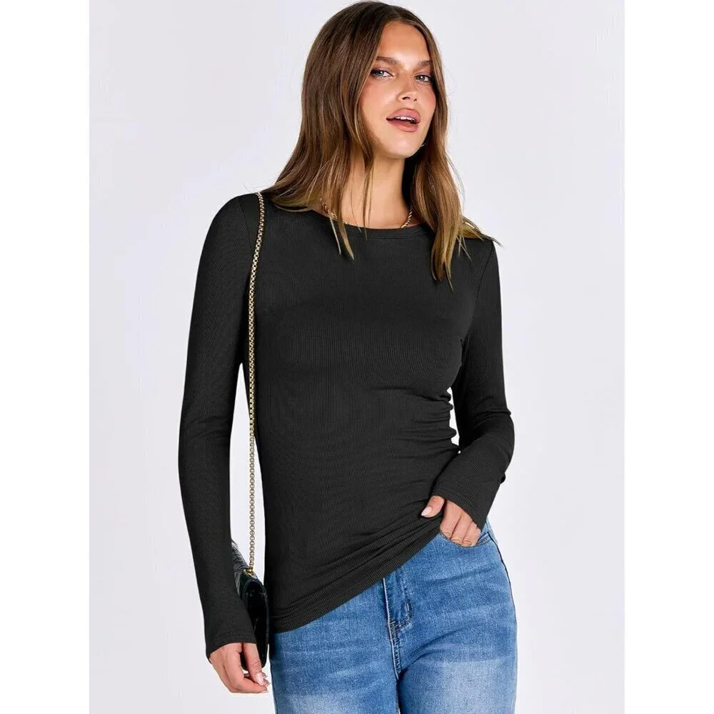 Women Long Sleeve Shirts Rib Knit Slim Fit Tops Basic Tee 2025 Fall Outfits Casu